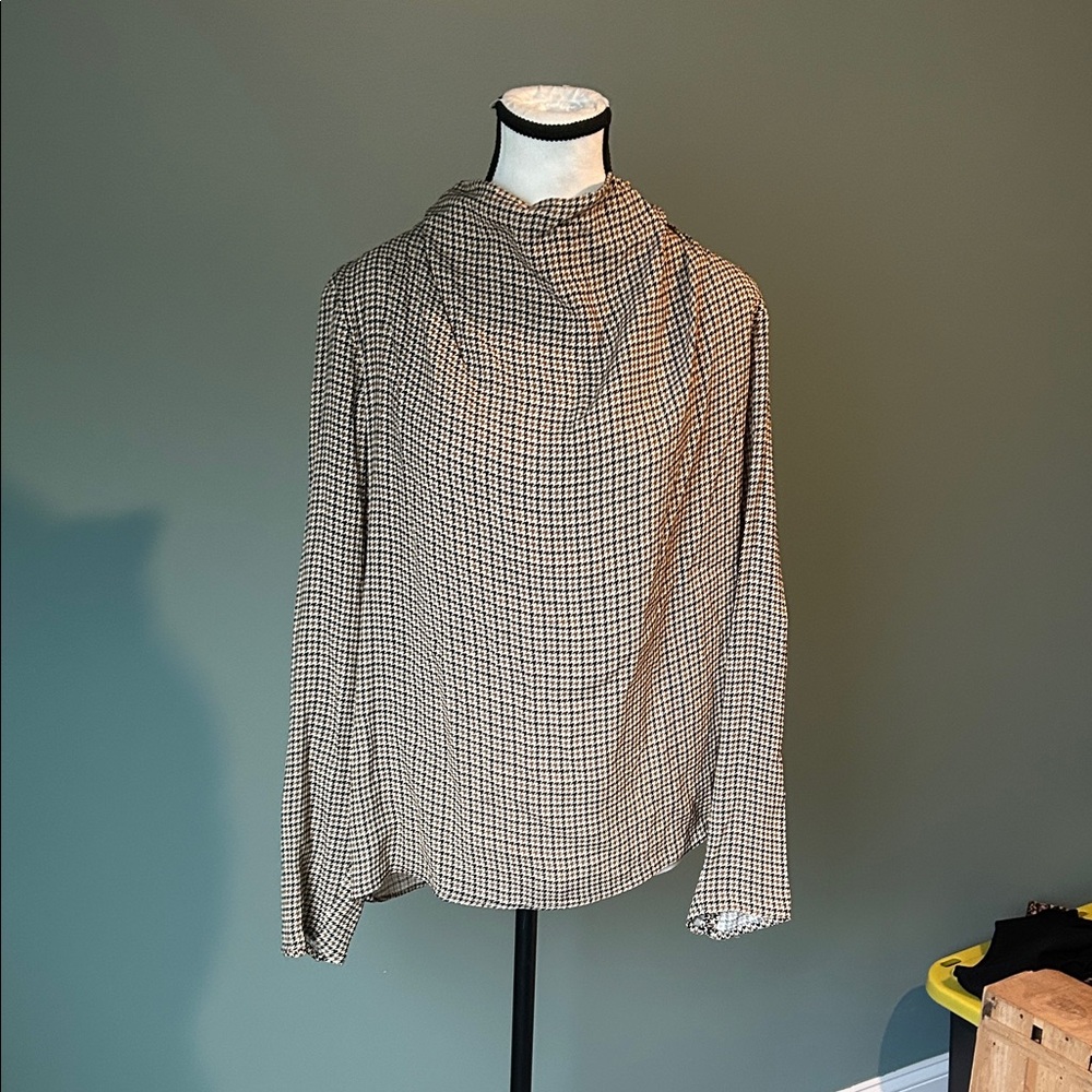 Zara Women's Black and Brown Checkered Cowl Neck Shirt